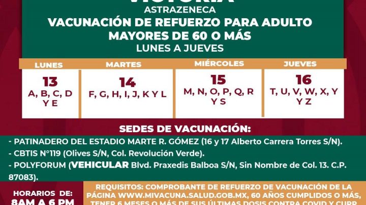 El lunes inicia tercera dosis de vacuna anti Covid-19 en Ciudad Victoria