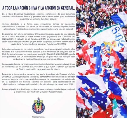 “CHIVAS” NO PERMITIRÁ EL ACCESO DE LAS BARRAS AL “CLÁSICO”