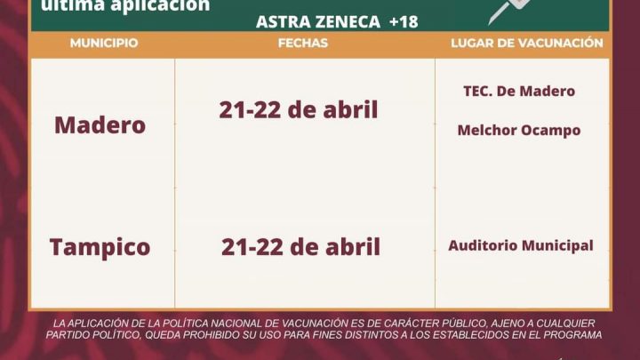 Aplican 4ta dosis contra el Covid en Tampico y Madero