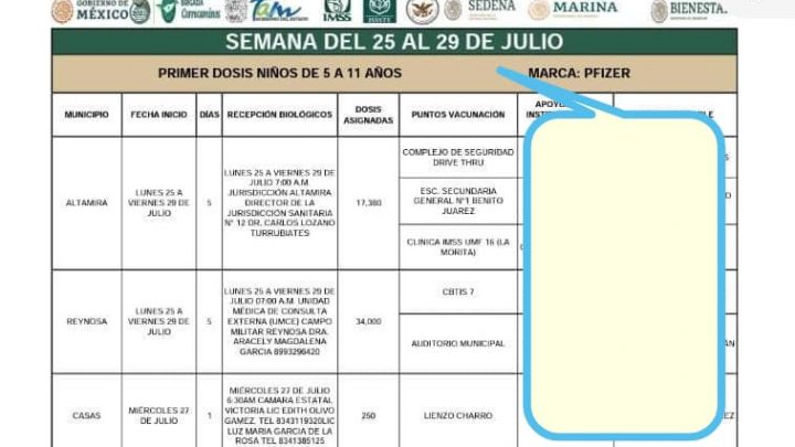 ANUNCIAN EN ALTAMIRA VACUNACIÓN PARA LOS NIÑOS DE 5 A 11 AÑOS DE EDAD DEL 25 AL 29 DE JULIO