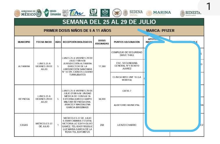 ANUNCIAN EN ALTAMIRA VACUNACIÓN PARA LOS NIÑOS DE 5 A 11 AÑOS DE EDAD DEL 25 AL 29 DE JULIO