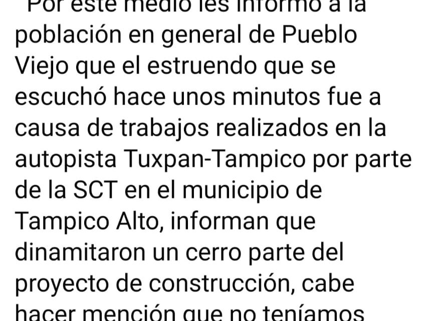 Estruendo fue debido a trabajos en la carretera Tuxpan-Tampico