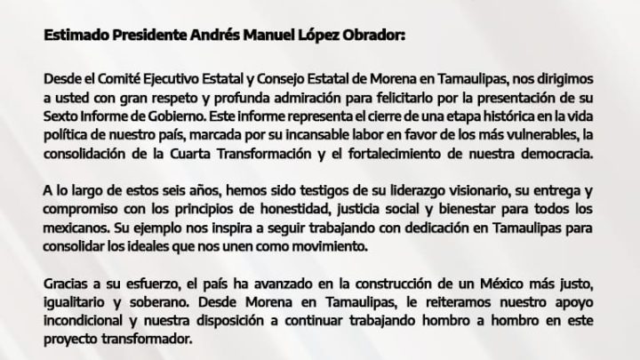 Felicitación al Presidente Andrés Manuel López Obrador por su Sexto Informe de Gobierno